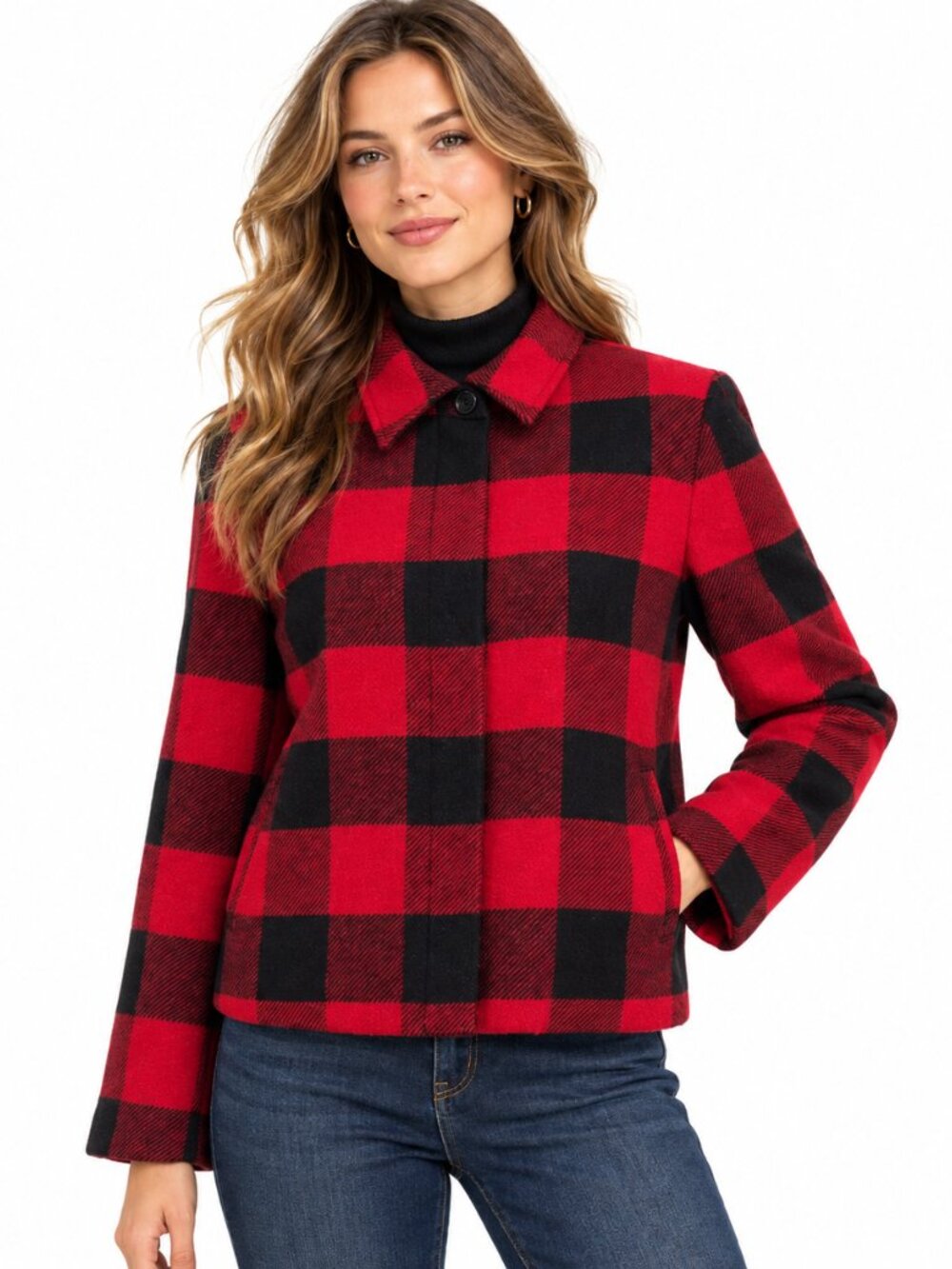 Talbots Buffalo Plaid Wool Full Zip Shacket 6P Red Black Italy Classic Cabincore